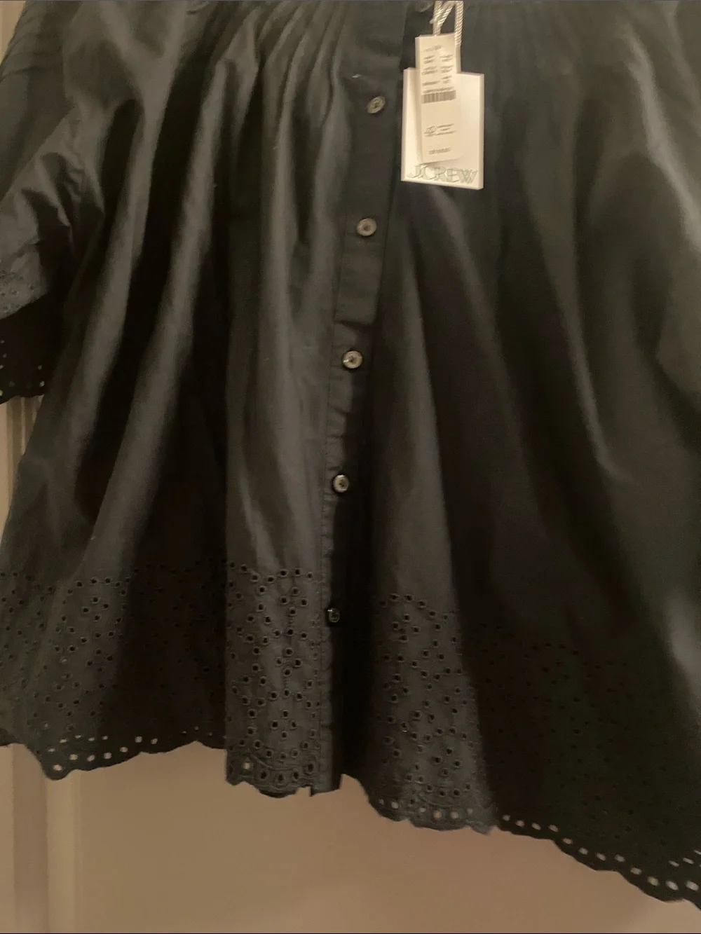 J. Crew Black Eyelet Button-Front Puff Sleeve Top